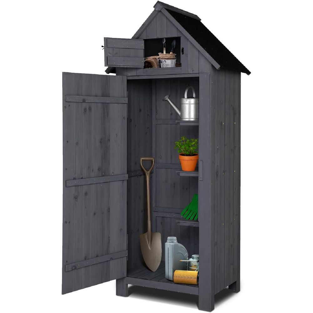 Gardening Tools Wooden - 屋外木製収納庫、庭用収納庫、安全機能付き屋外ツールキャビネット、パティオ収納オーガナイザー（グレー）