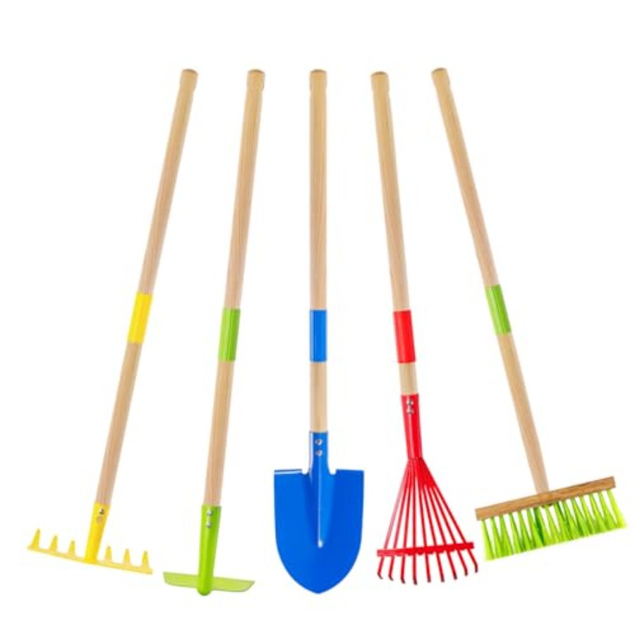 Gardening Tools For Toddlers - ガーデンツールセット：安全な幼児用サイズの鍬、熊手、シャベル、葉かき、ほうき、木製ハンドルと金属ヘッド付きの5ピースガーデニングツール