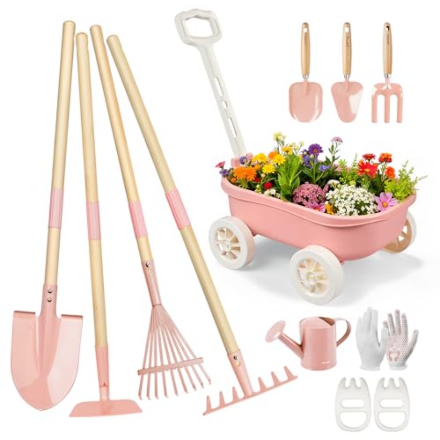 Gardening Tools Japan - 手押し車付きガーデニングセット、11点セット、屋外庭園、ビーチ、STEMガーデンプレイキット、子供用サイズの道具付き、耐久性があり、安全で楽しい