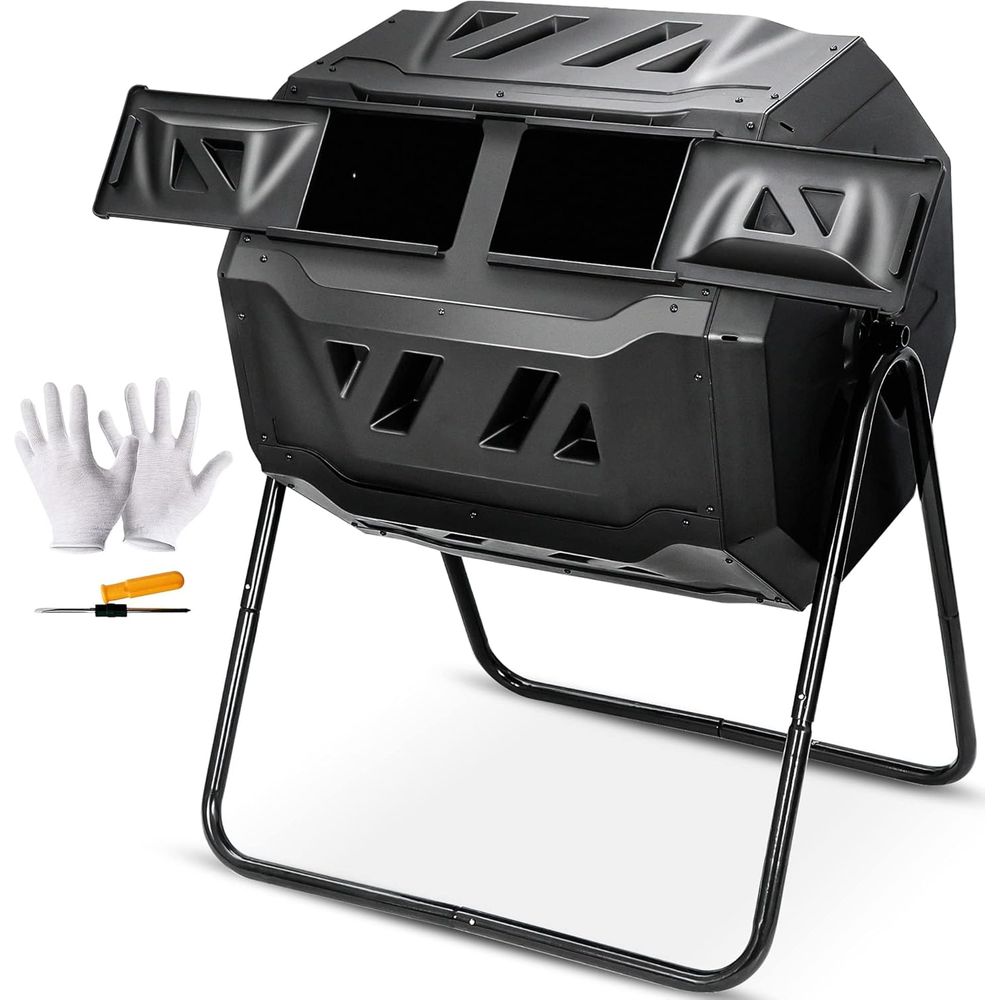 Compost Bin - 43ガロン堆肥タンブラービン、二層式BPAフリー回転式庭用ゴミ箱