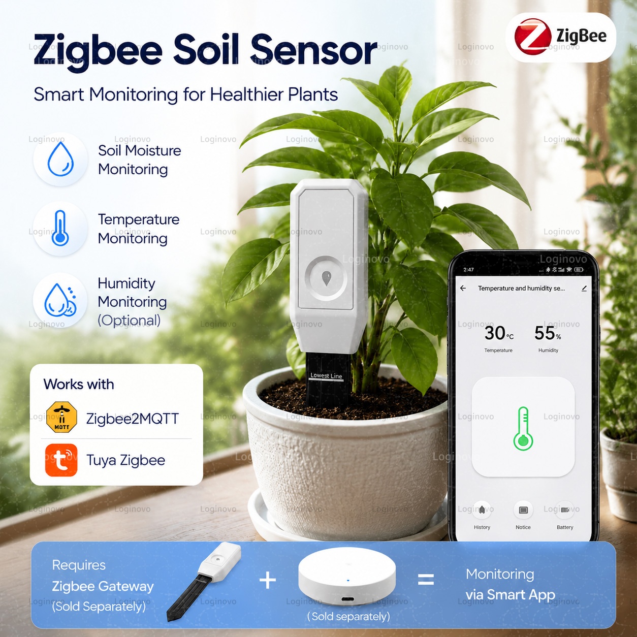 Moisture Meter Plant - Tuya Zigbee 土壌水分テスター 温度湿度センサー 植物土壌メーター 温湿度計