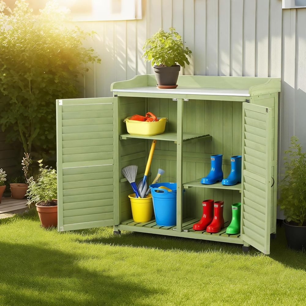 金属製の作業台付き屋外植木鉢置き台、防水ガーデン収納キャビネ - Gardening Tools Wooden のレビューと価格